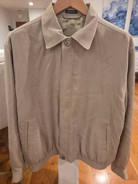 LUAU Mens Vintage Finest 100% Silk Full-Zip Beige Bomber Harrington Jacket (L)